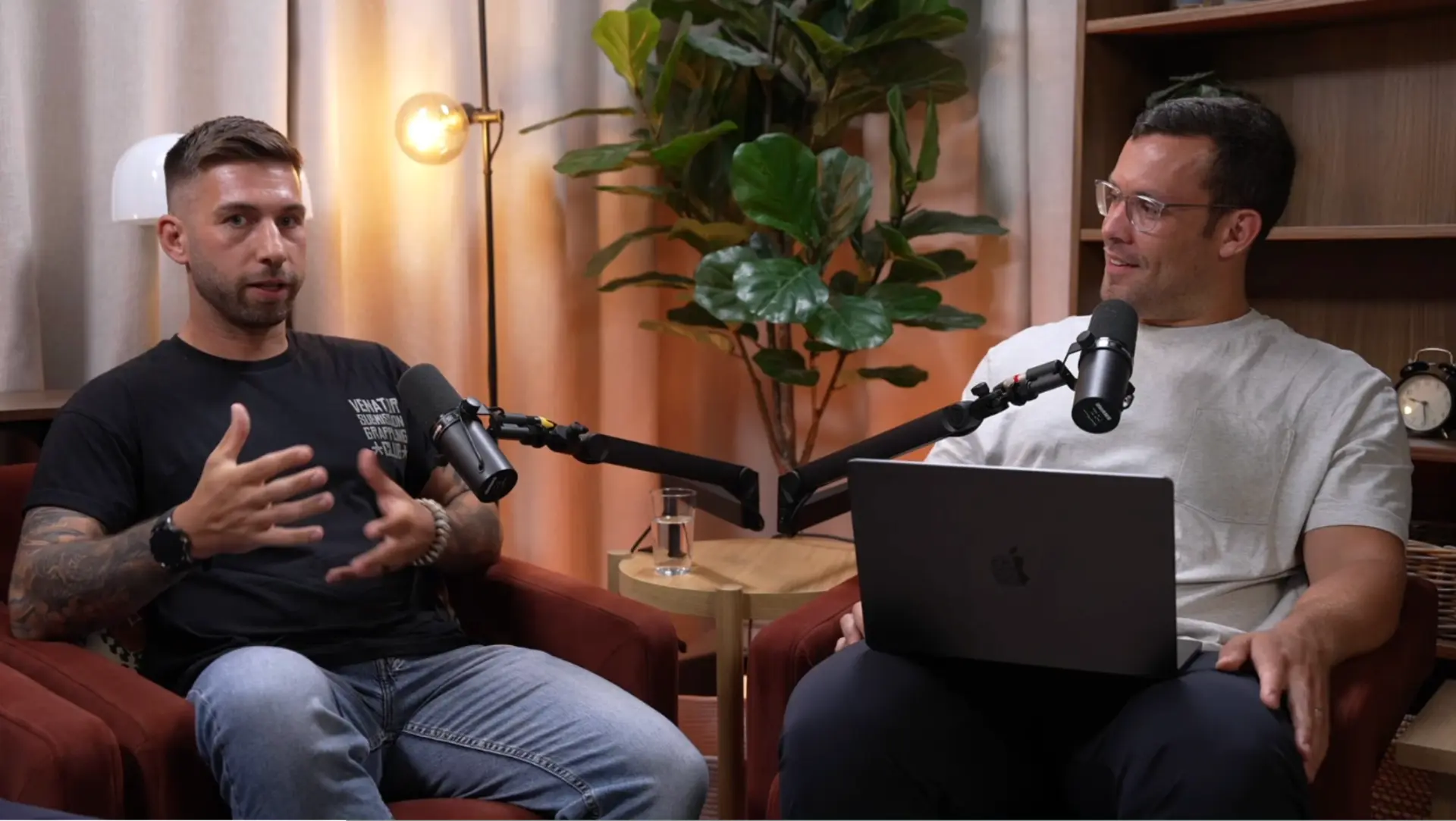 Two hosts recording The Counsel of Men podcast in the studio